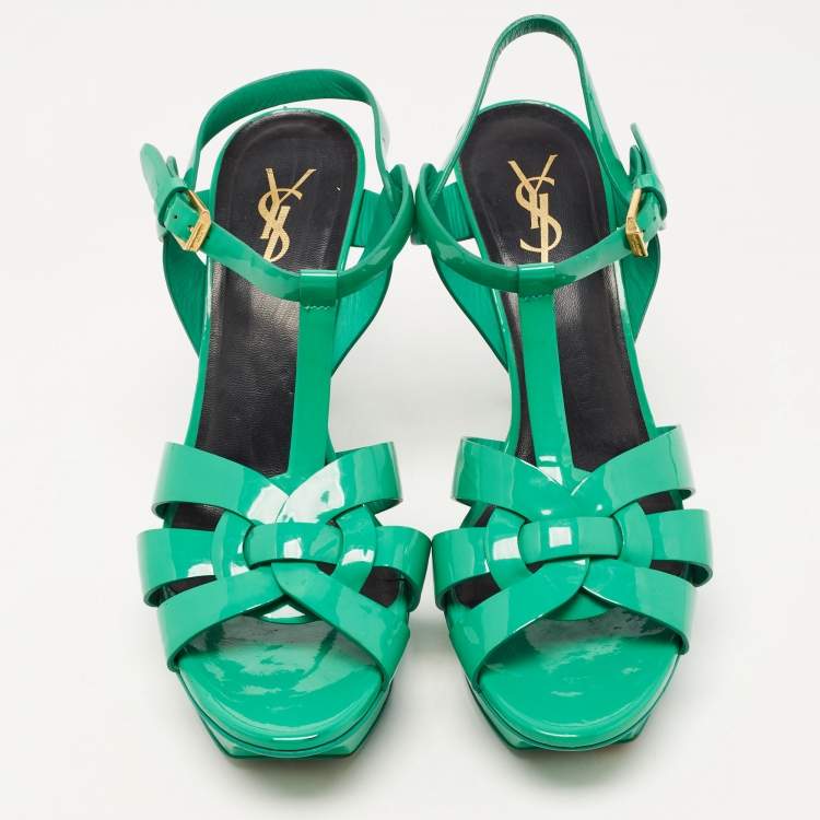 Pre Owned Saint Laurent Green Patent Leather Tribute Platform Ankle Strap Sandals Size 39