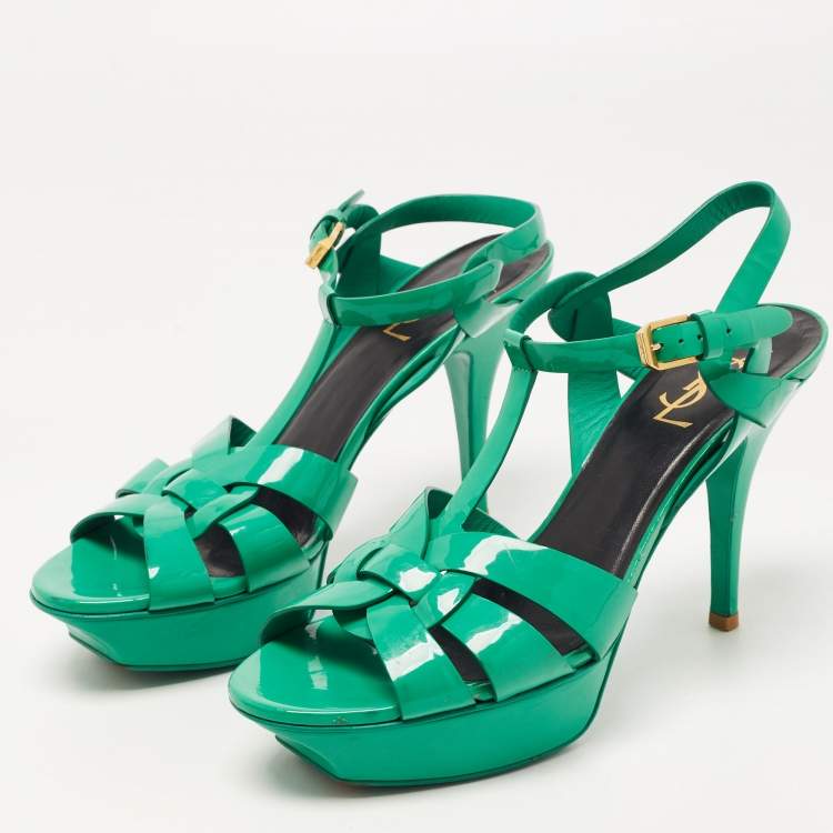 Pre Owned Saint Laurent Green Patent Leather Tribute Platform Ankle Strap Sandals Size 39