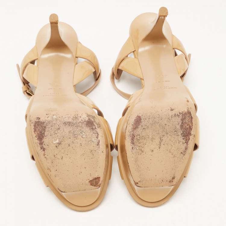 Pre Owned Saint Laurent Paris Beige Patent Leather Tribute Platform Ankle Strap Sandals Size 39.5