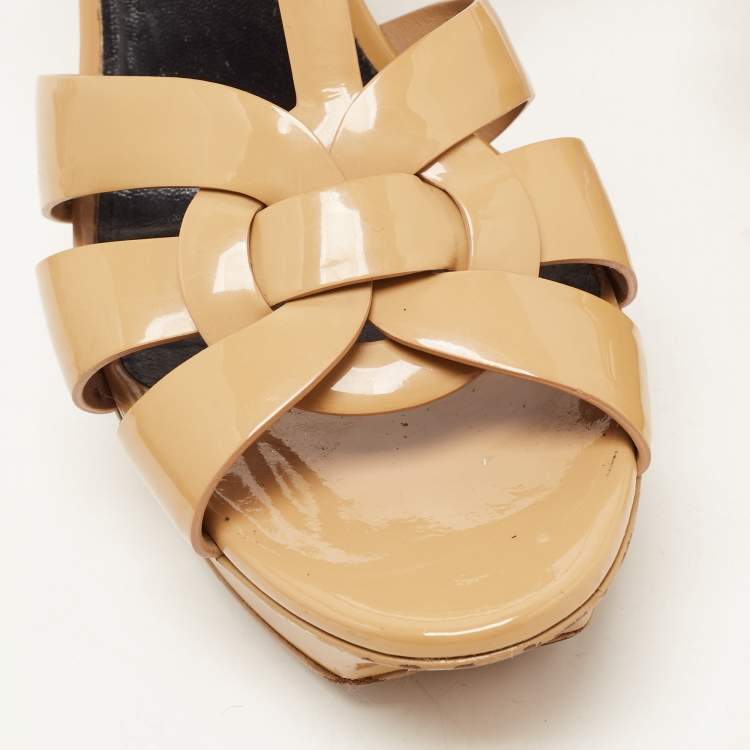 Pre Owned Saint Laurent Paris Beige Patent Leather Tribute Platform Ankle Strap Sandals Size 39.5