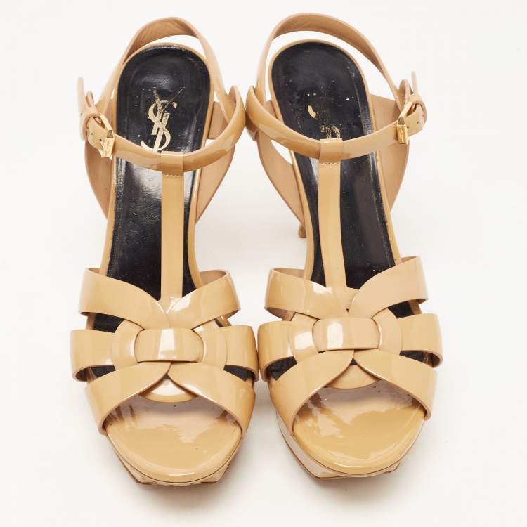 Pre Owned Saint Laurent Paris Beige Patent Leather Tribute Platform Ankle Strap Sandals Size 39.5