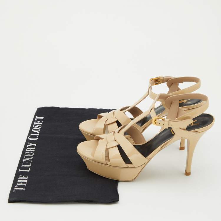 Pre Owned Saint Laurent Beige Patent Leather Tribute Sandals Size 37