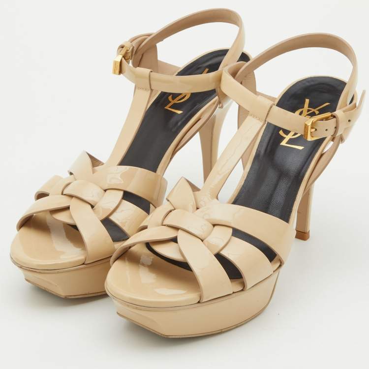 Pre Owned Saint Laurent Beige Patent Leather Tribute Sandals Size 37