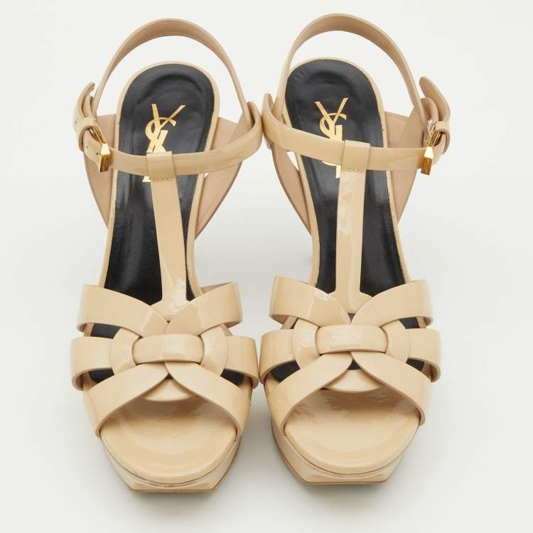Pre Owned Saint Laurent Beige Patent Leather Tribute Sandals Size 37