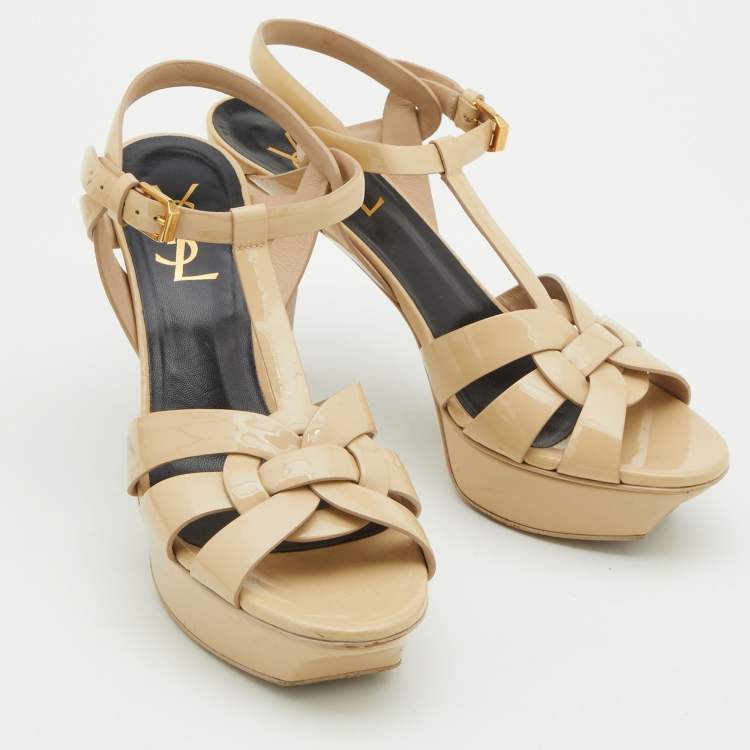 Pre Owned Saint Laurent Beige Patent Leather Tribute Sandals Size 37