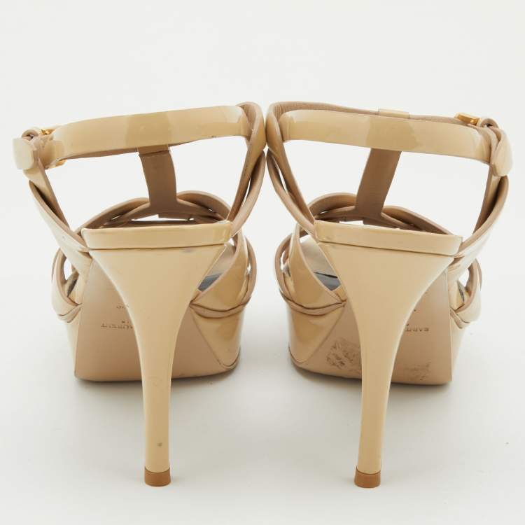 Pre Owned Saint Laurent Beige Patent Leather Tribute Sandals Size 37