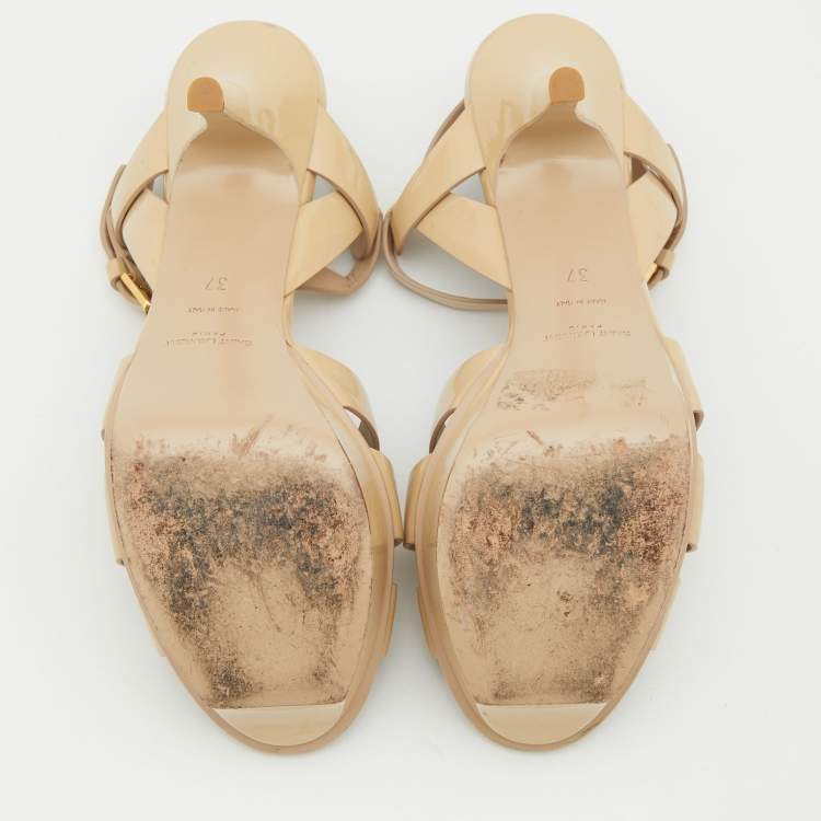Pre Owned Saint Laurent Beige Patent Leather Tribute Sandals Size 37