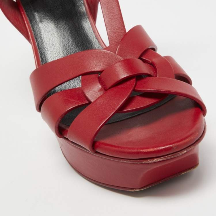 Pre Owned Saint Laurent Red Leather Tribute Sandals Size 37