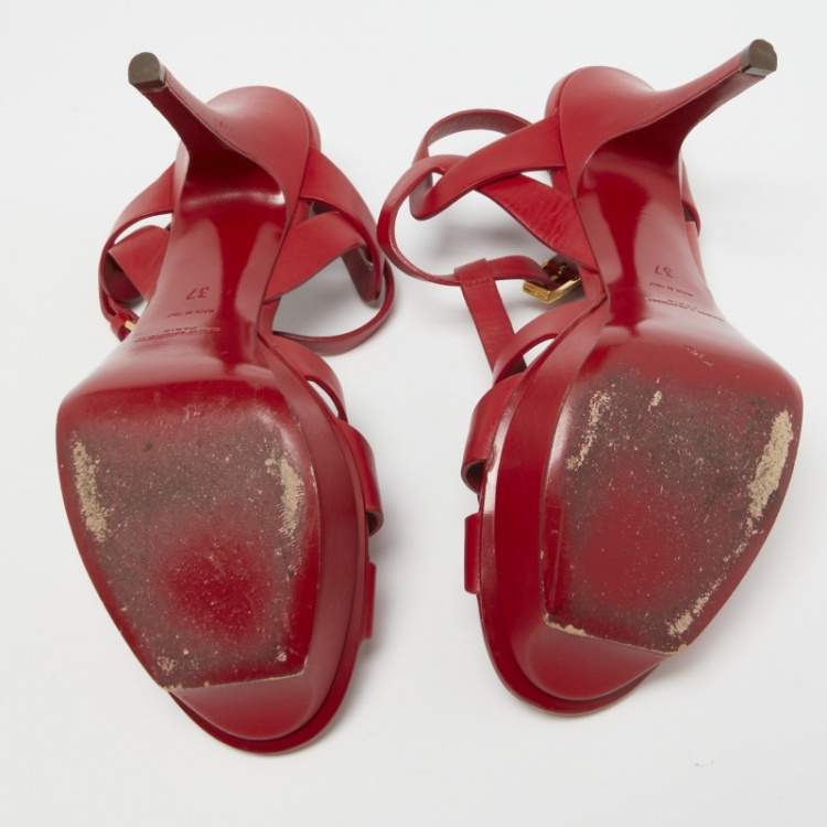 Pre Owned Saint Laurent Red Leather Tribute Sandals Size 37