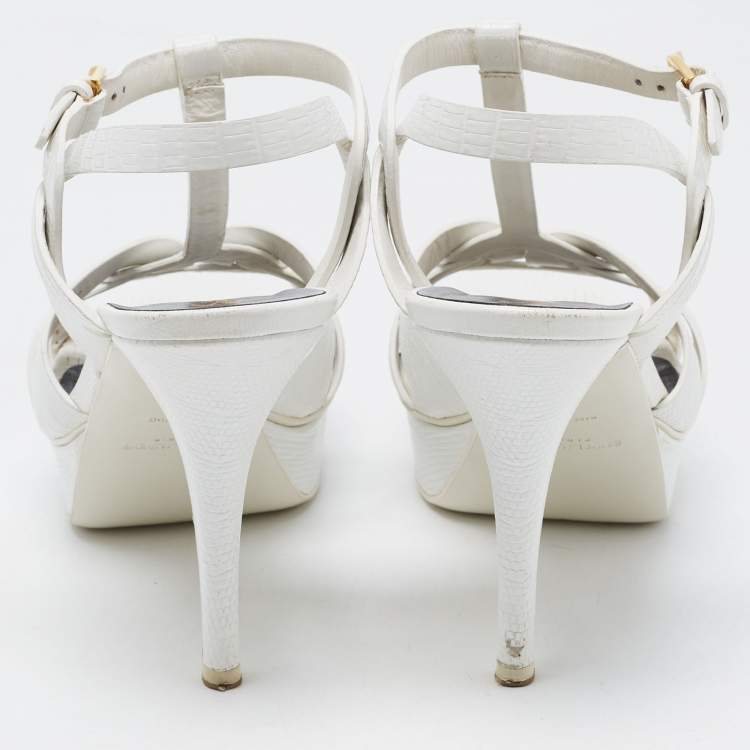 Pre Owned Saint Laurent Paris White Lizard Embossed Leather Tribute Platform Ankle Strap Sandals Size 40