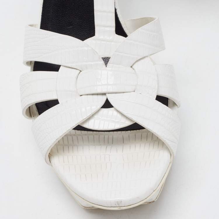 Pre Owned Saint Laurent Paris White Lizard Embossed Leather Tribute Platform Ankle Strap Sandals Size 40