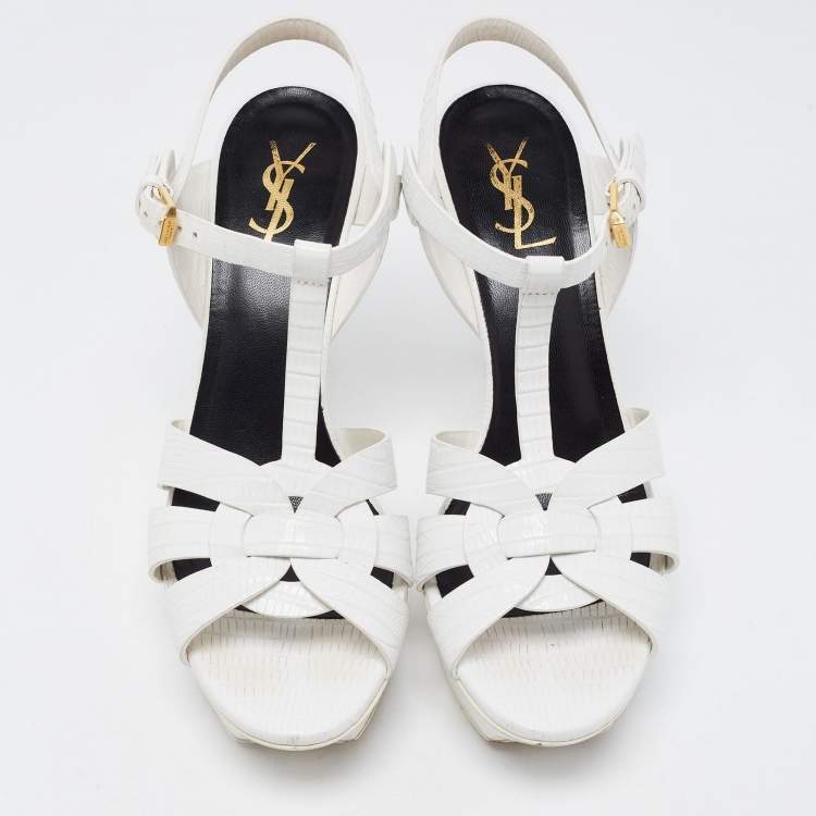 Pre Owned Saint Laurent Paris White Lizard Embossed Leather Tribute Platform Ankle Strap Sandals Size 40