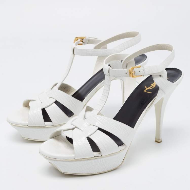 Pre Owned Saint Laurent Paris White Lizard Embossed Leather Tribute Platform Ankle Strap Sandals Size 40