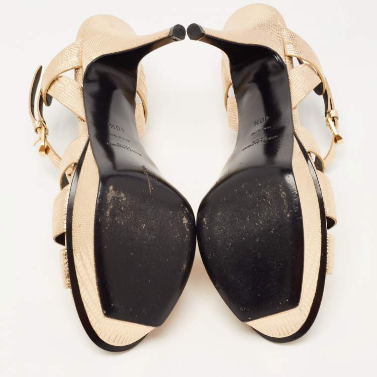 Pre Owned Saint Laurent Paris Gold Lizard Embossed Leather Tribute Platform Ankle Strap Sandals Size 40.5