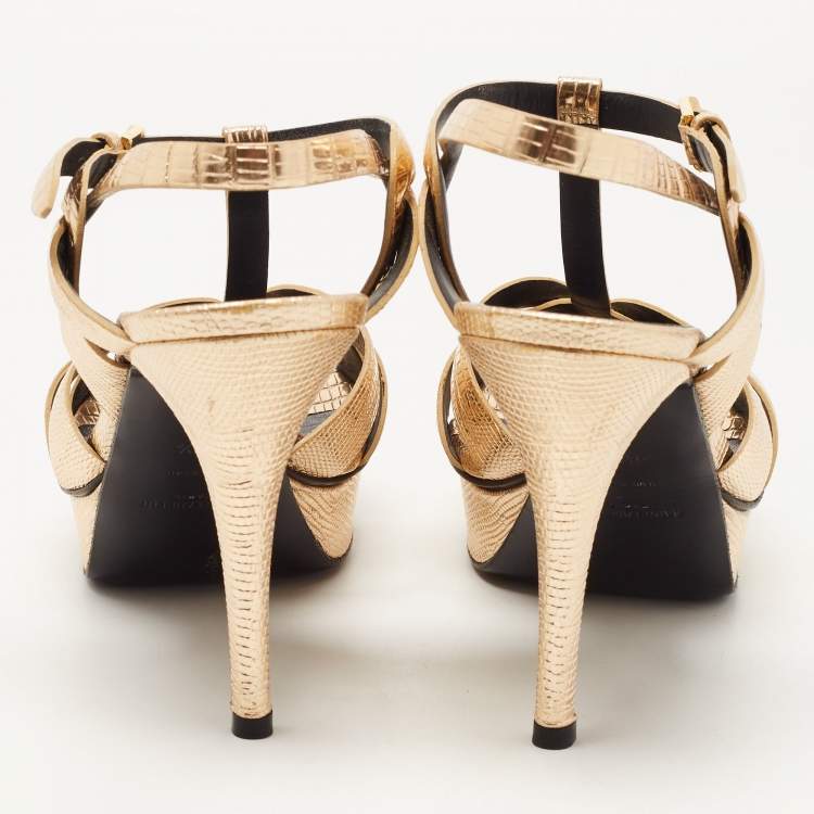 Pre Owned Saint Laurent Paris Gold Lizard Embossed Leather Tribute Platform Ankle Strap Sandals Size 40.5