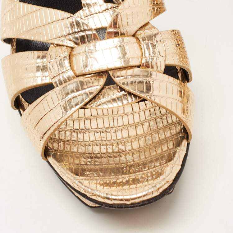 Pre Owned Saint Laurent Paris Gold Lizard Embossed Leather Tribute Platform Ankle Strap Sandals Size 40.5