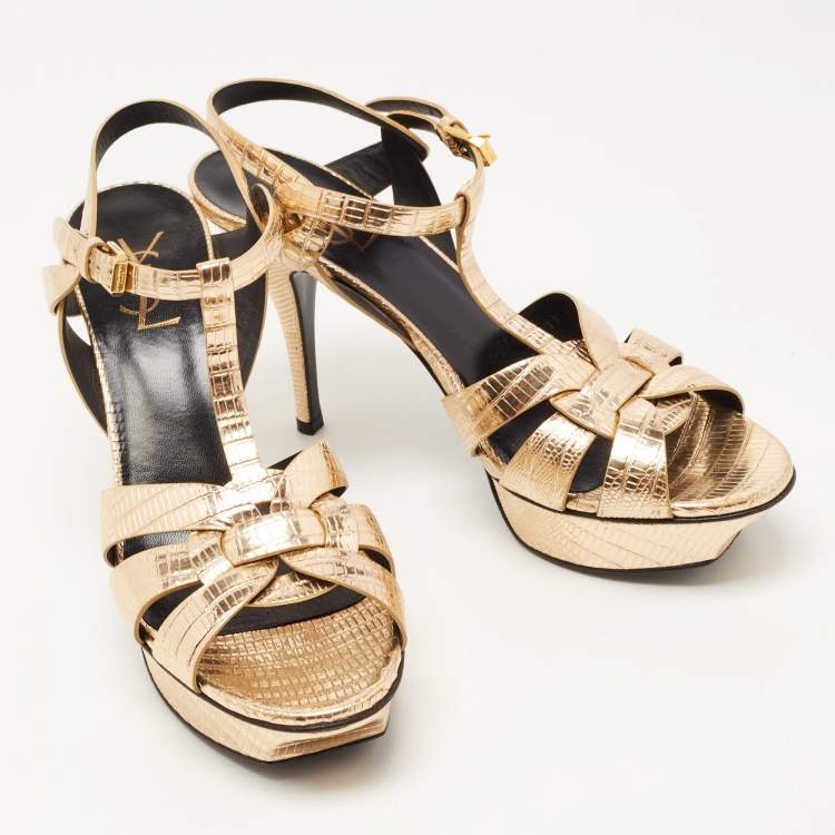 Pre Owned Saint Laurent Paris Gold Lizard Embossed Leather Tribute Platform Ankle Strap Sandals Size 40.5