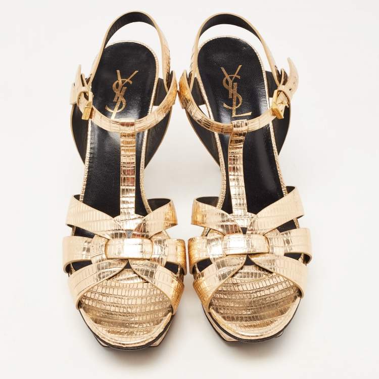Pre Owned Saint Laurent Paris Gold Lizard Embossed Leather Tribute Platform Ankle Strap Sandals Size 40.5