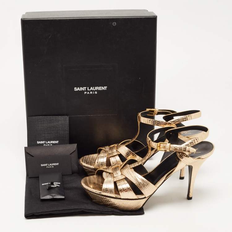 Pre Owned Saint Laurent Paris Gold Lizard Embossed Leather Tribute Platform Ankle Strap Sandals Size 40.5