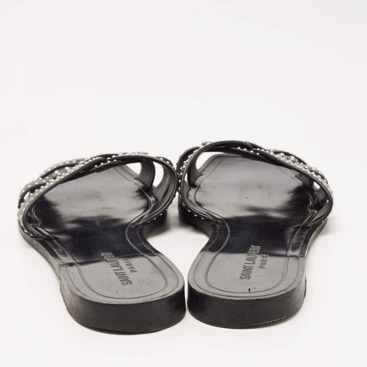 Pre Owned Saint Laurent Black Leather Tribute Studded Flat Slides Size 38.5