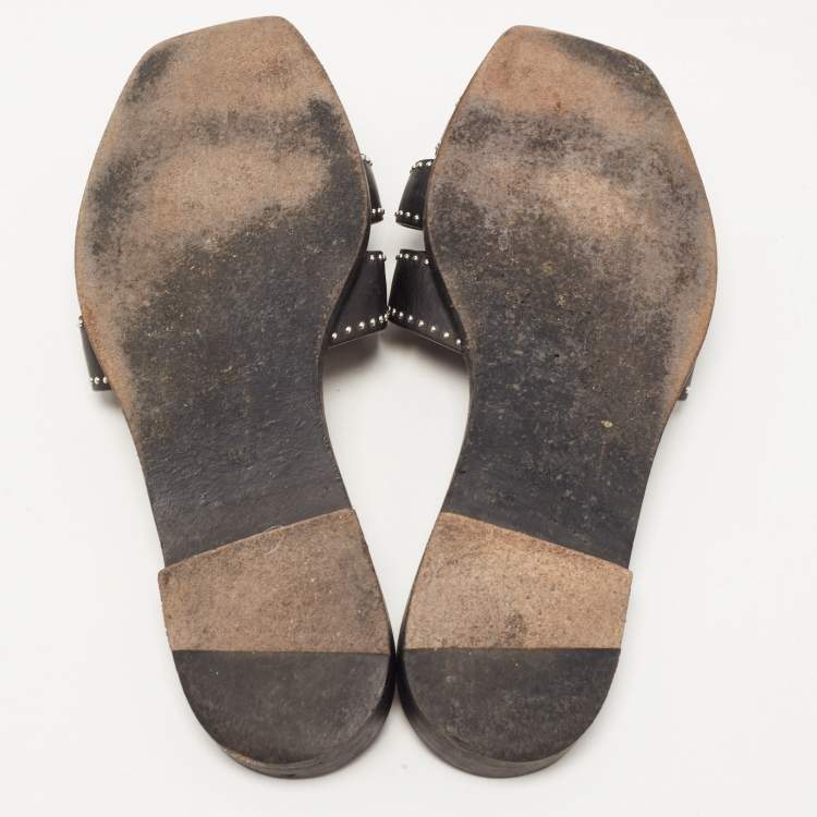 Pre Owned Saint Laurent Black Leather Tribute Studded Flat Slides Size 38.5