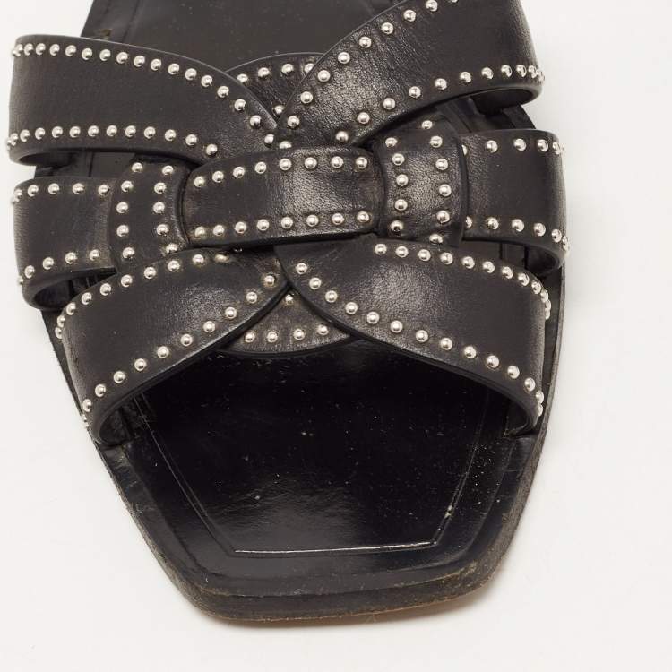 Pre Owned Saint Laurent Black Leather Tribute Studded Flat Slides Size 38.5