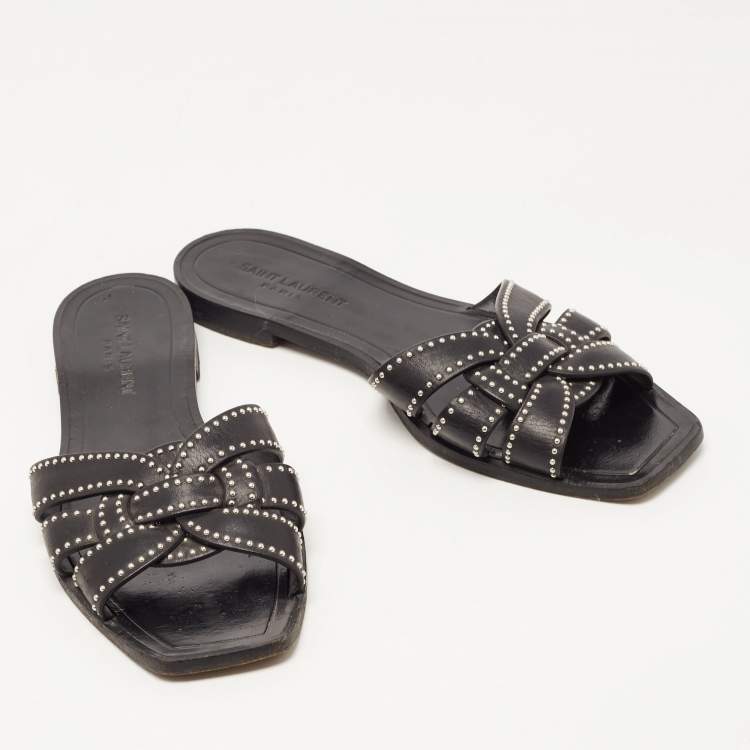 Pre Owned Saint Laurent Black Leather Tribute Studded Flat Slides Size 38.5