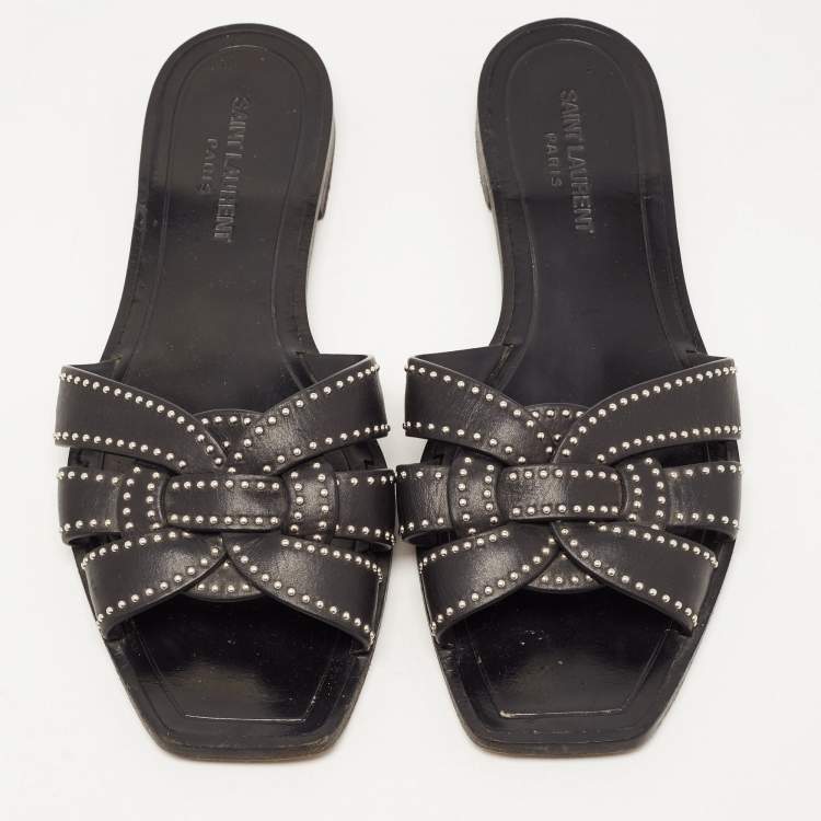 Pre Owned Saint Laurent Black Leather Tribute Studded Flat Slides Size 38.5