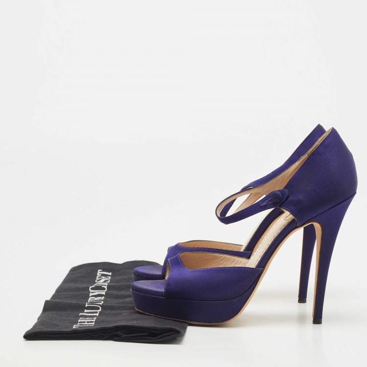 Pre Owned Saint Laurent Navy Blue Satin Ankle Strap Platform Open Toe Pumps Size 38.5