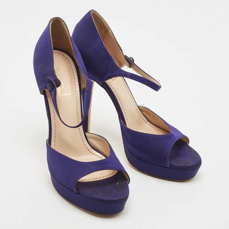 Pre Owned Saint Laurent Navy Blue Satin Ankle Strap Platform Open Toe Pumps Size 38.5