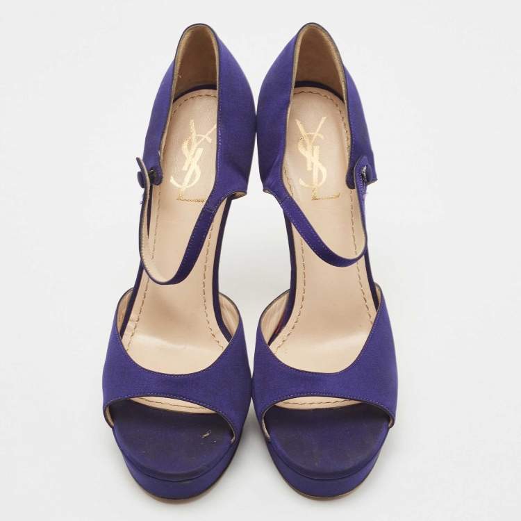 Pre Owned Saint Laurent Navy Blue Satin Ankle Strap Platform Open Toe Pumps Size 38.5