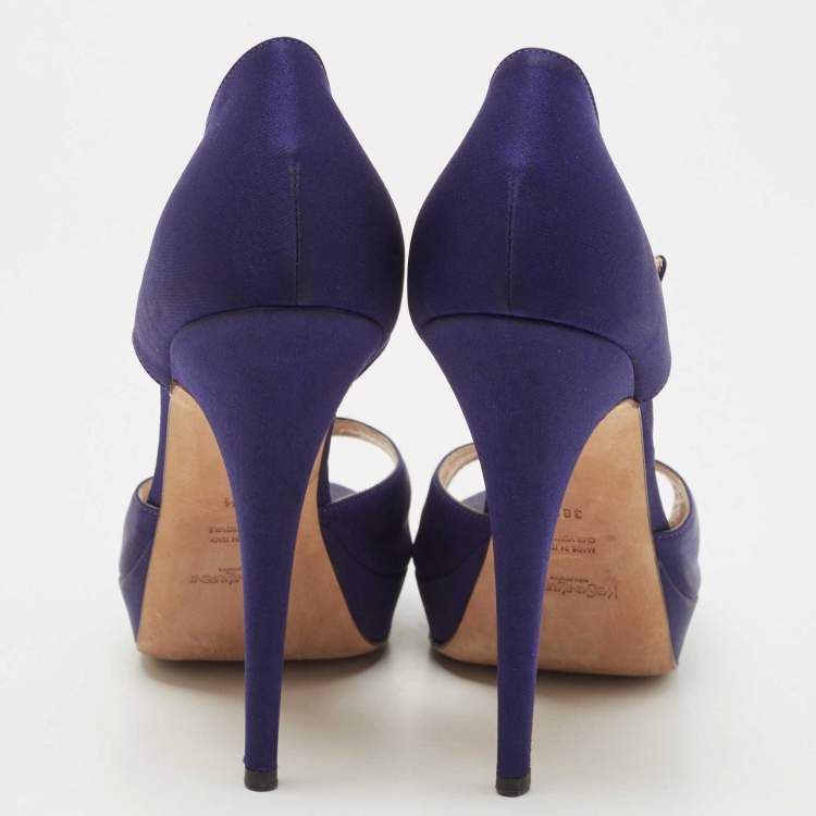Pre Owned Saint Laurent Navy Blue Satin Ankle Strap Platform Open Toe Pumps Size 38.5