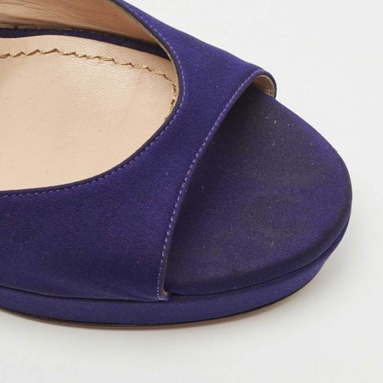 Pre Owned Saint Laurent Navy Blue Satin Ankle Strap Platform Open Toe Pumps Size 38.5