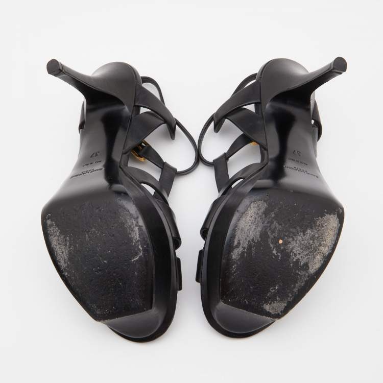 مملوكة مسبقًا Saint Laurent Black Leather Tribute Ankle Strap Sandals Size 37