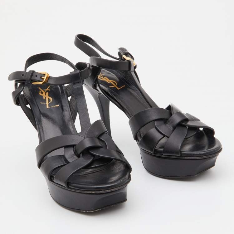 مملوكة مسبقًا Saint Laurent Black Leather Tribute Ankle Strap Sandals Size 37