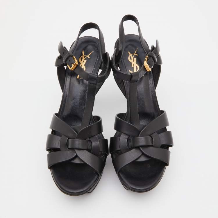 مملوكة مسبقًا Saint Laurent Black Leather Tribute Ankle Strap Sandals Size 37