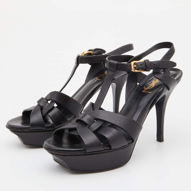 مملوكة مسبقًا Saint Laurent Black Leather Tribute Ankle Strap Sandals Size 37
