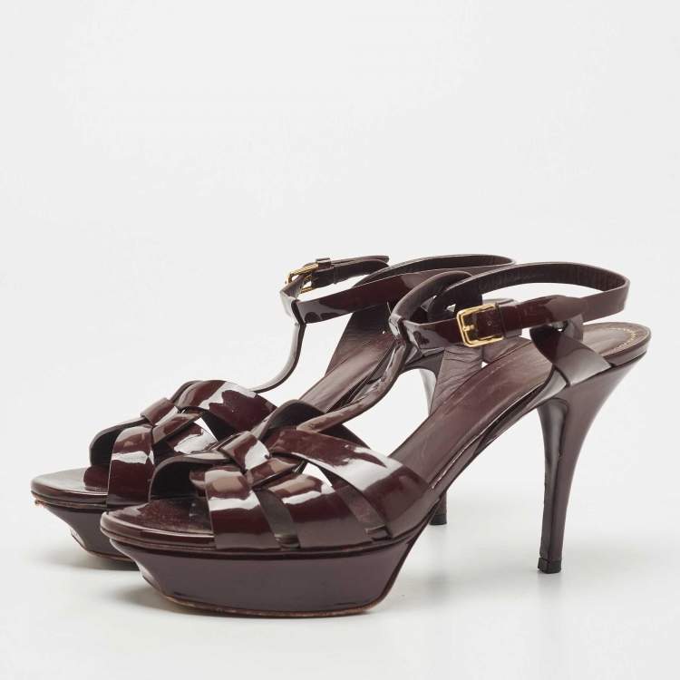 Pre Owned Saint Laurent Burgundy Patent Leather Tribute Sandals Size 40.5