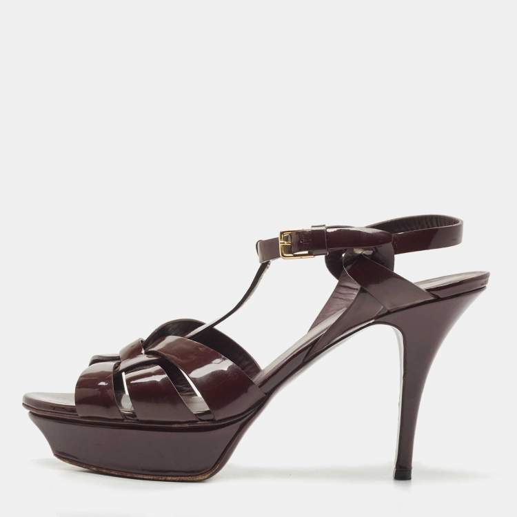 Pre Owned Saint Laurent Burgundy Patent Leather Tribute Sandals Size 40.5