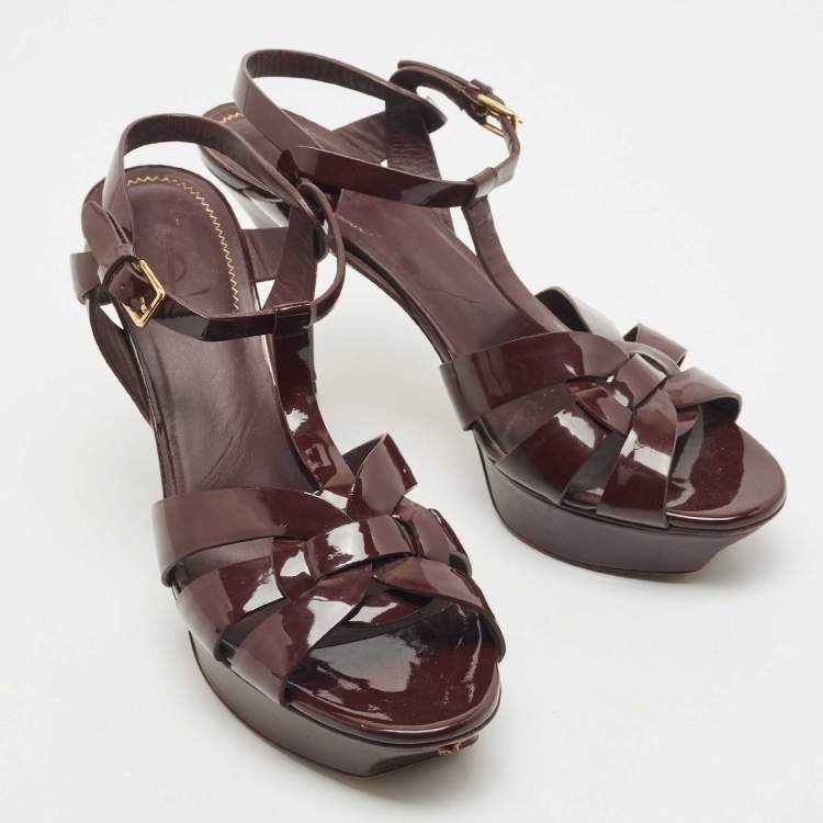 Pre Owned Saint Laurent Burgundy Patent Leather Tribute Sandals Size 40.5