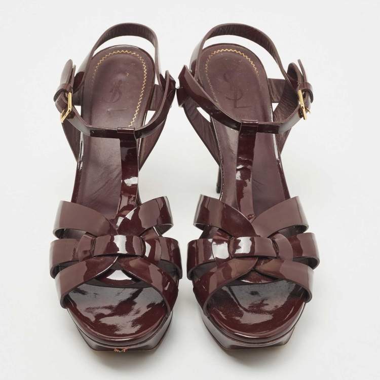 Pre Owned Saint Laurent Burgundy Patent Leather Tribute Sandals Size 40.5