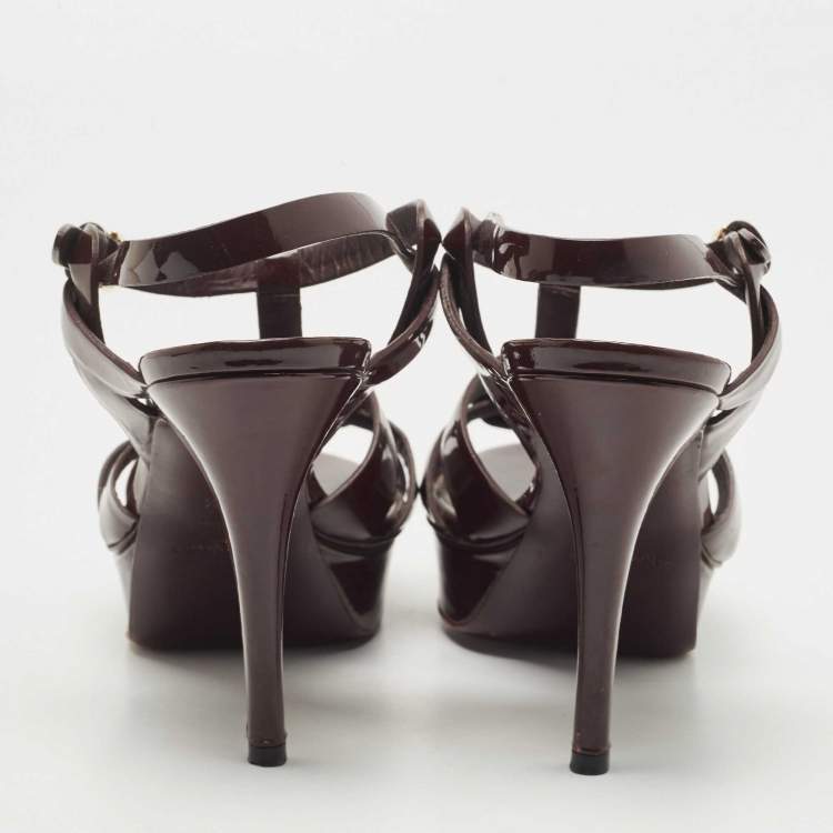 Pre Owned Saint Laurent Burgundy Patent Leather Tribute Sandals Size 40.5
