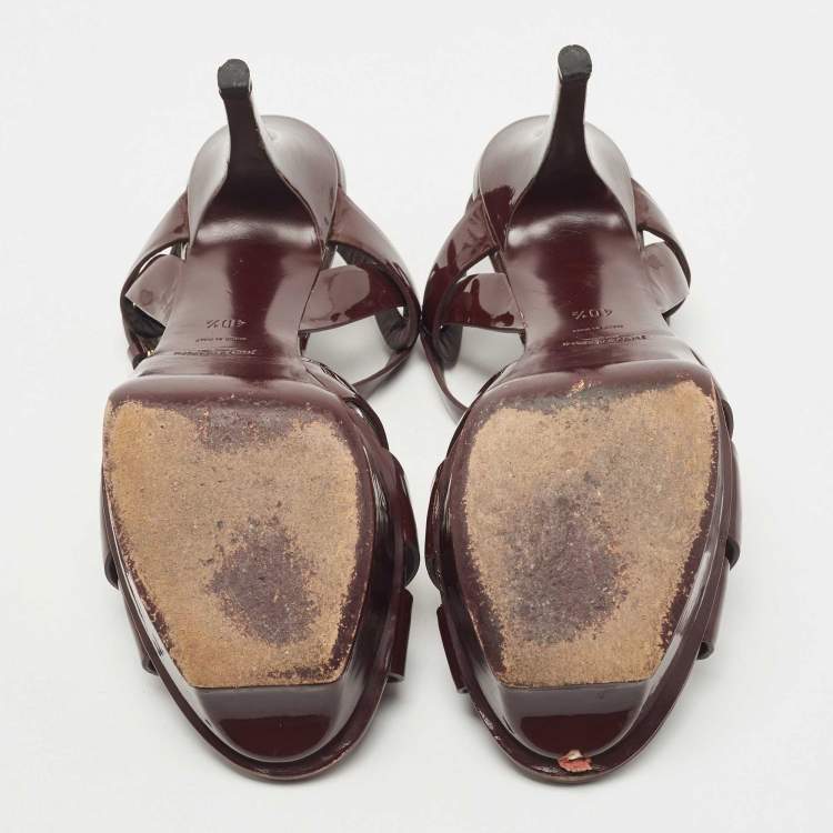 Pre Owned Saint Laurent Burgundy Patent Leather Tribute Sandals Size 40.5