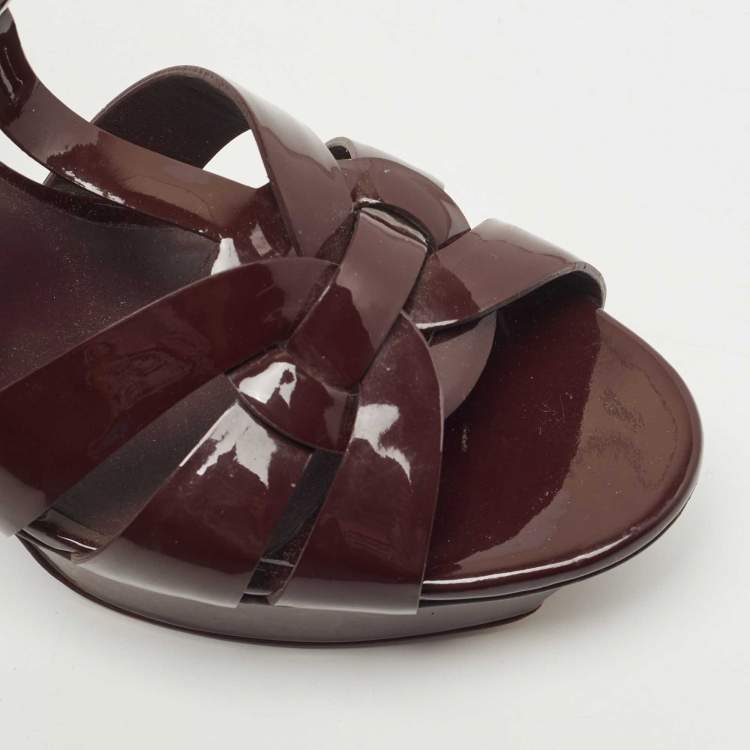 Pre Owned Saint Laurent Burgundy Patent Leather Tribute Sandals Size 40.5