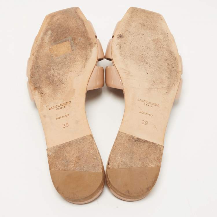 Pre Owned Saint Laurent Beige Patent Leather Tribute Flat Slides Size 39
