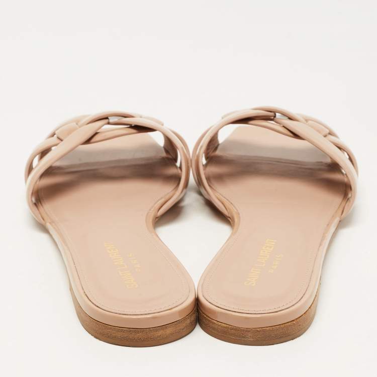 Pre Owned Saint Laurent Beige Patent Leather Tribute Flat Slides Size 39