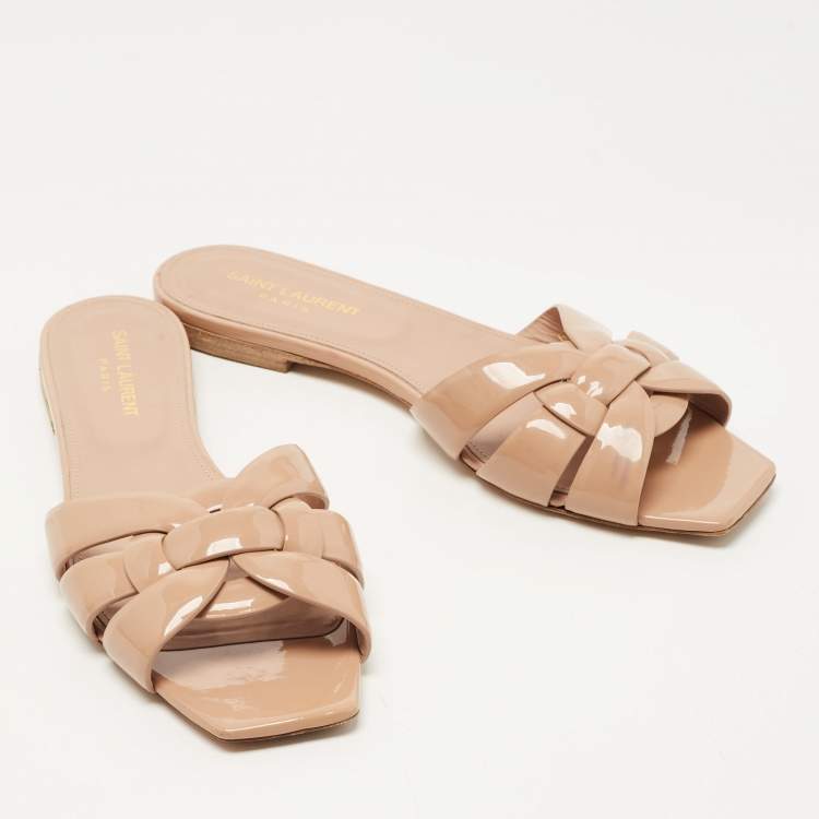 Pre Owned Saint Laurent Beige Patent Leather Tribute Flat Slides Size 39