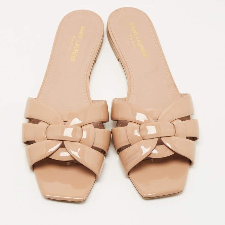 Pre Owned Saint Laurent Beige Patent Leather Tribute Flat Slides Size 39