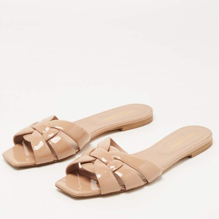 Pre Owned Saint Laurent Beige Patent Leather Tribute Flat Slides Size 39