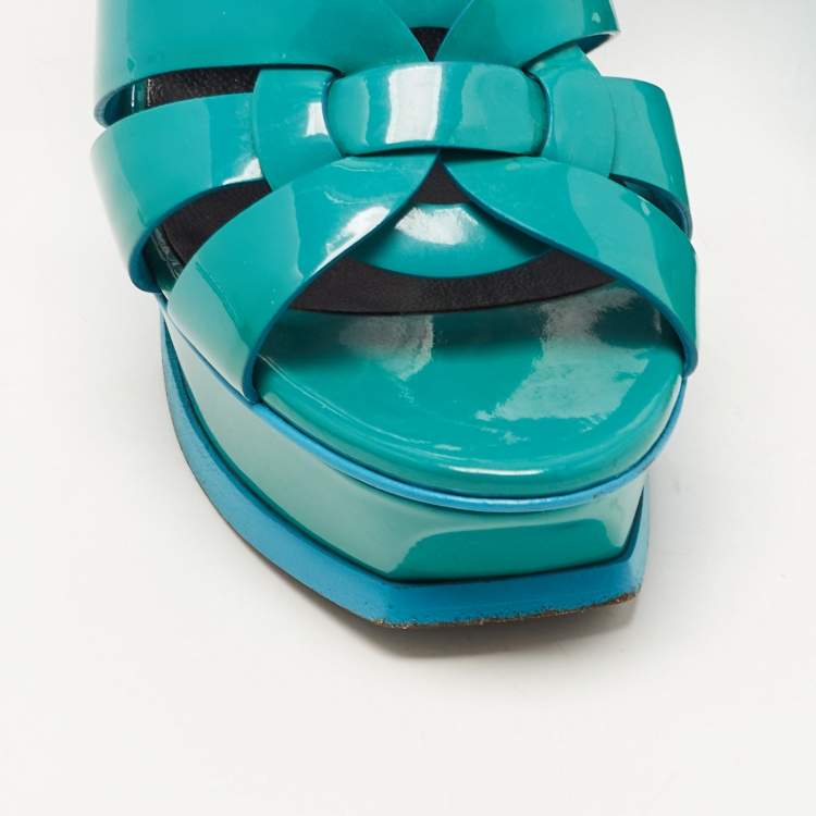 Pre Owned Saint Laurent Green Leather Tribute Platform Ankle Strap Sandals Size 36
